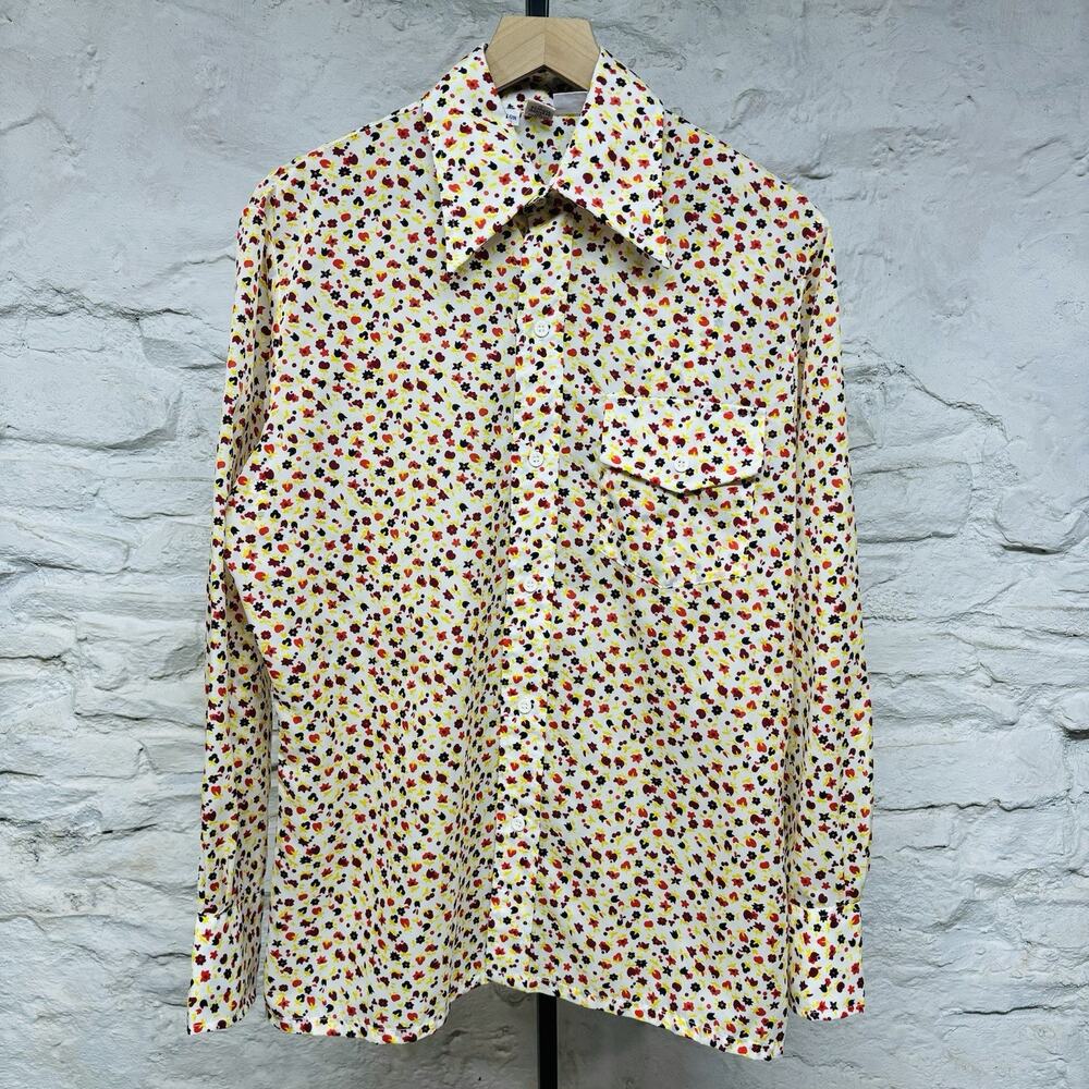 Vintage 70s Skyr Colorful Graphic Flower Print Ditsy Floral Shirt Small Mad Men